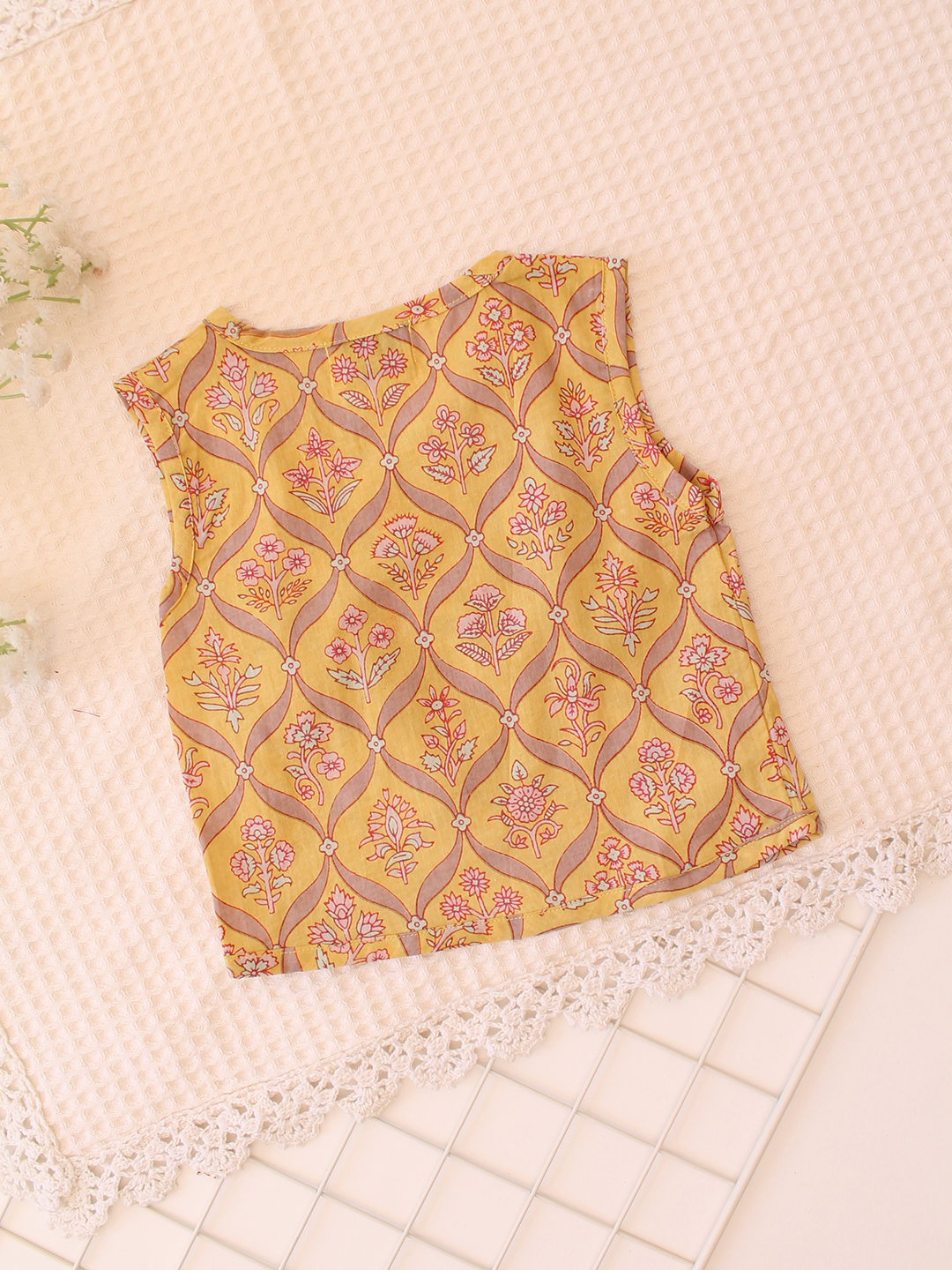 Qvink Sleeveless Floral Printed Infant Cotton Vest - Yellow