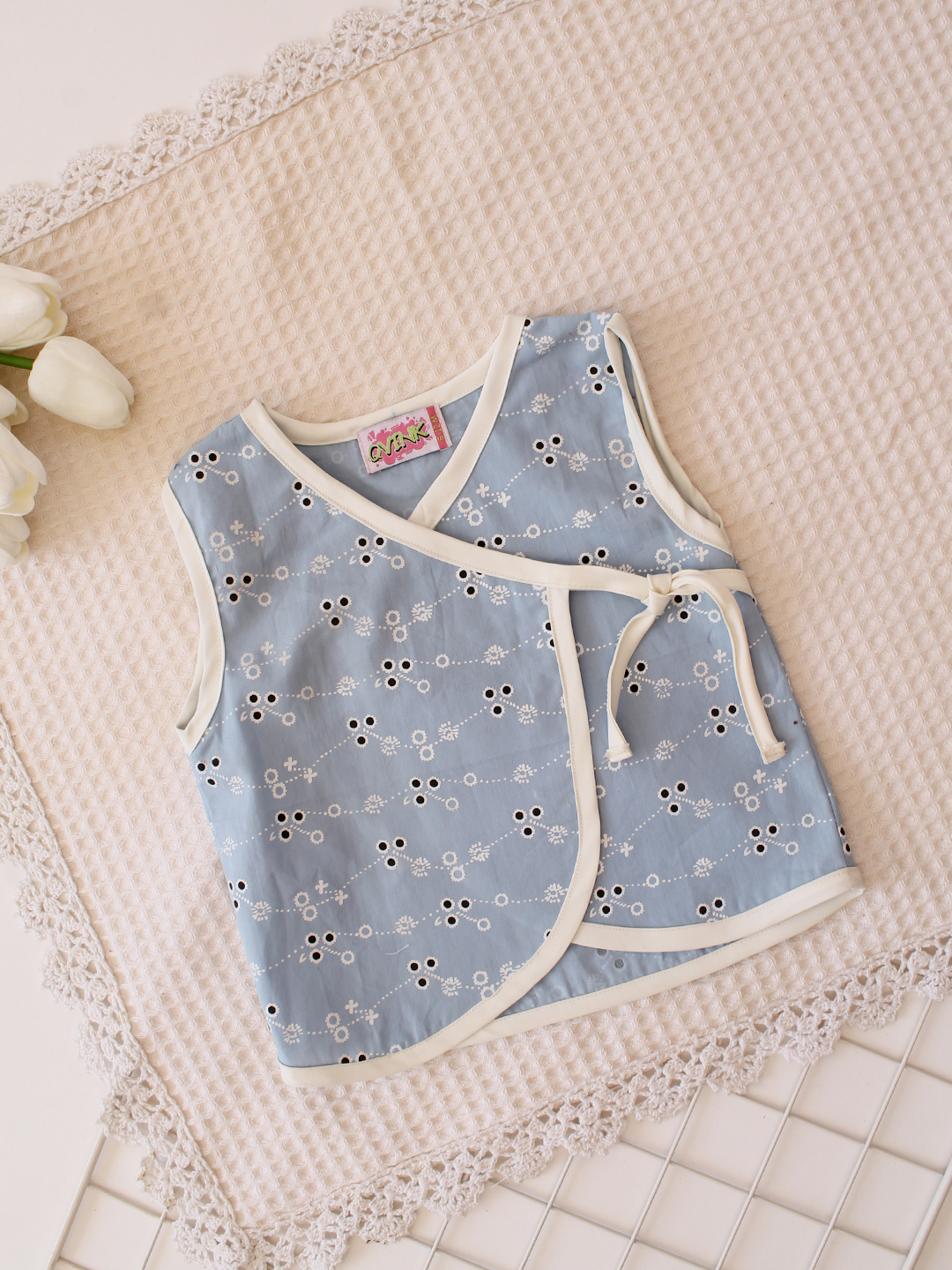 Qvink Sleeveless Self Design Infant Cotton Vest - Blue
