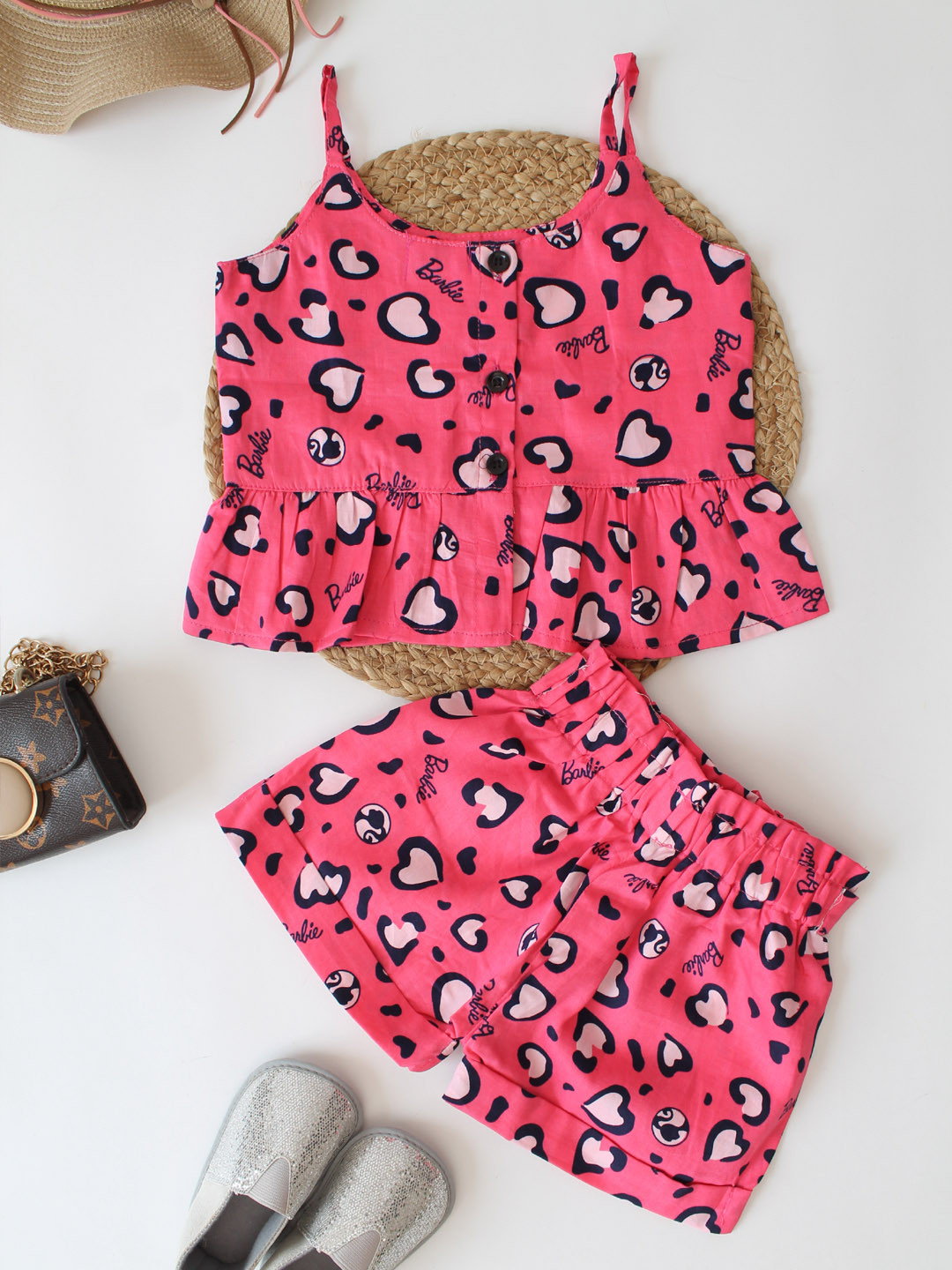 Qvink Barbie Printed Sleeveless Pink Co ord Set for Girls