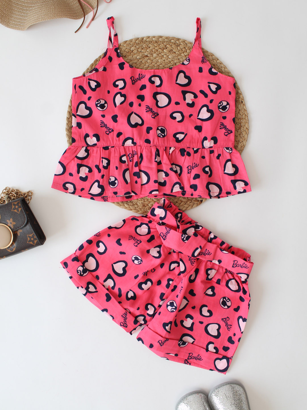 Qvink Barbie Printed Sleeveless Pink Co ord Set for Girls