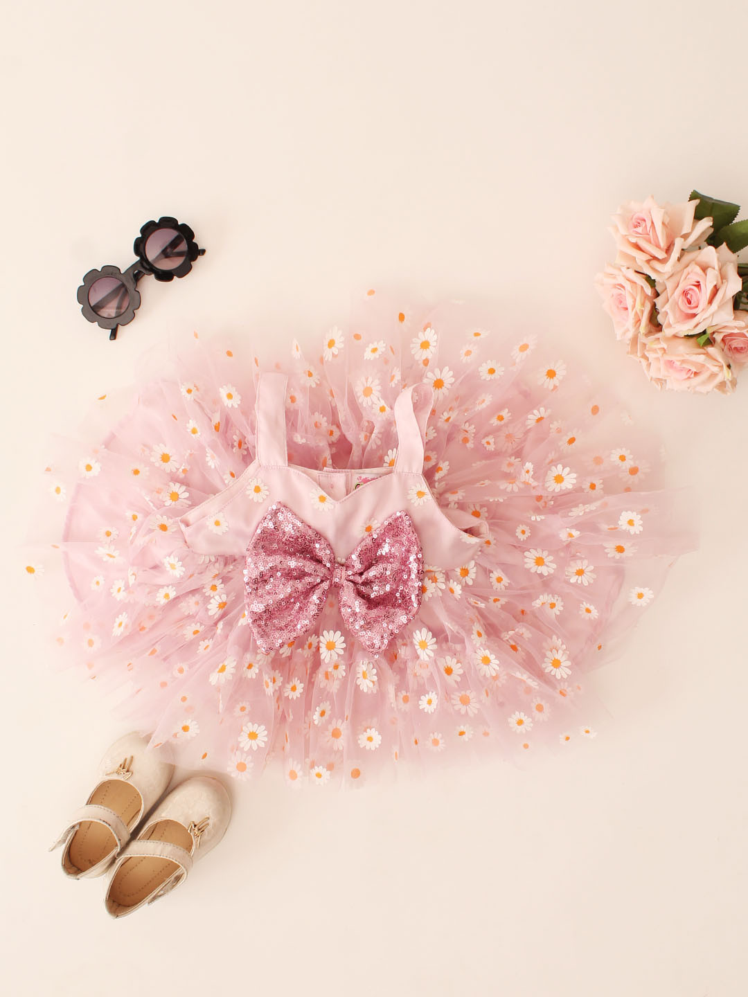 Qvink Bow Applique Pink Party Wear Dress for Kids - Pink