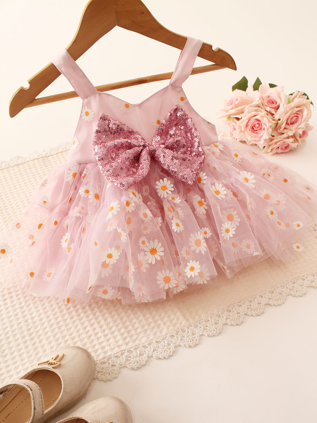 Qvink Bow Applique Pink Party Wear Dress for Kids - Pink