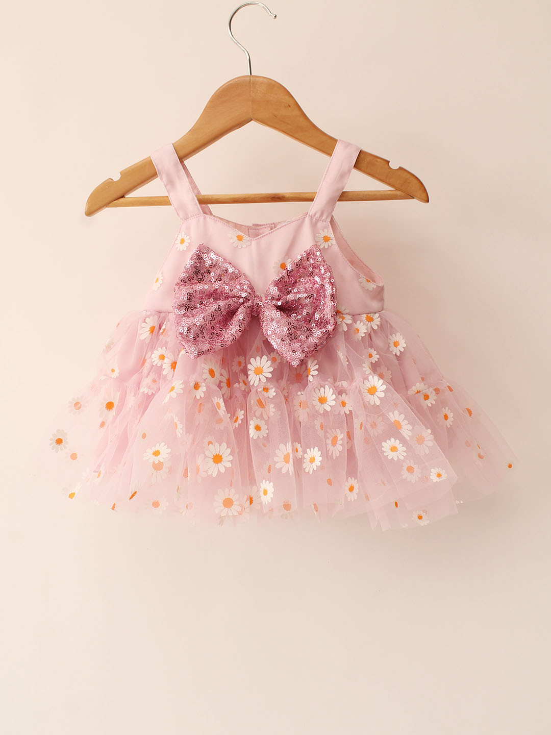 Qvink Bow Applique Pink Party Wear Dress for Kids - Pink