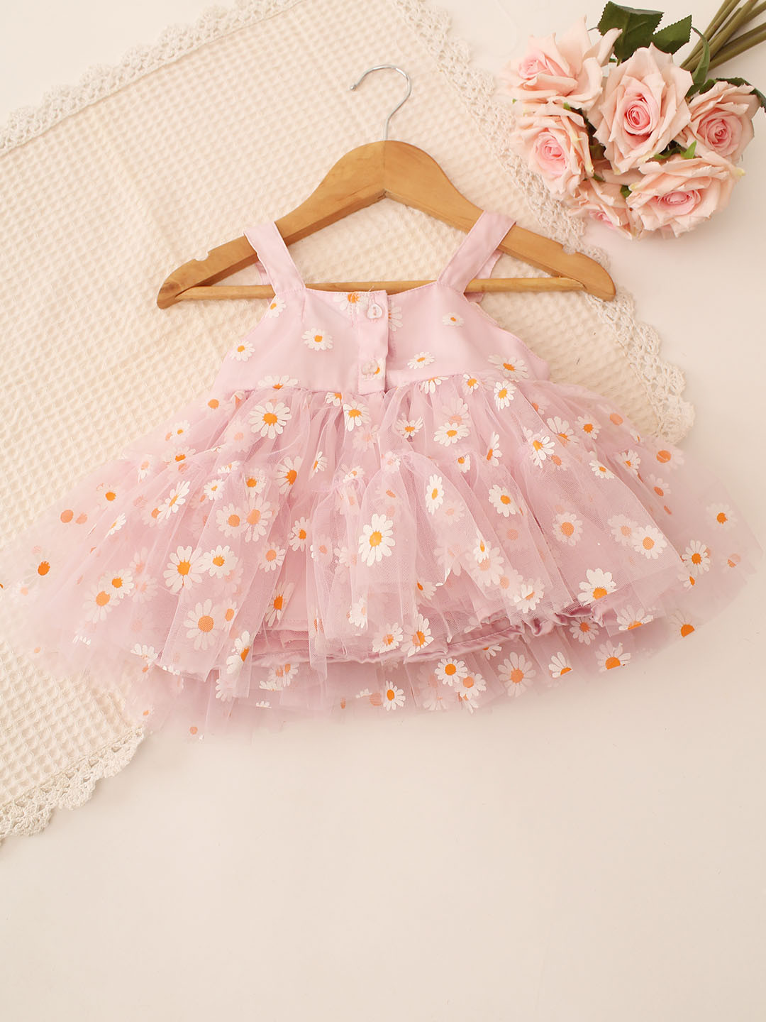 Qvink Bow Applique Pink Party Wear Dress for Kids - Pink
