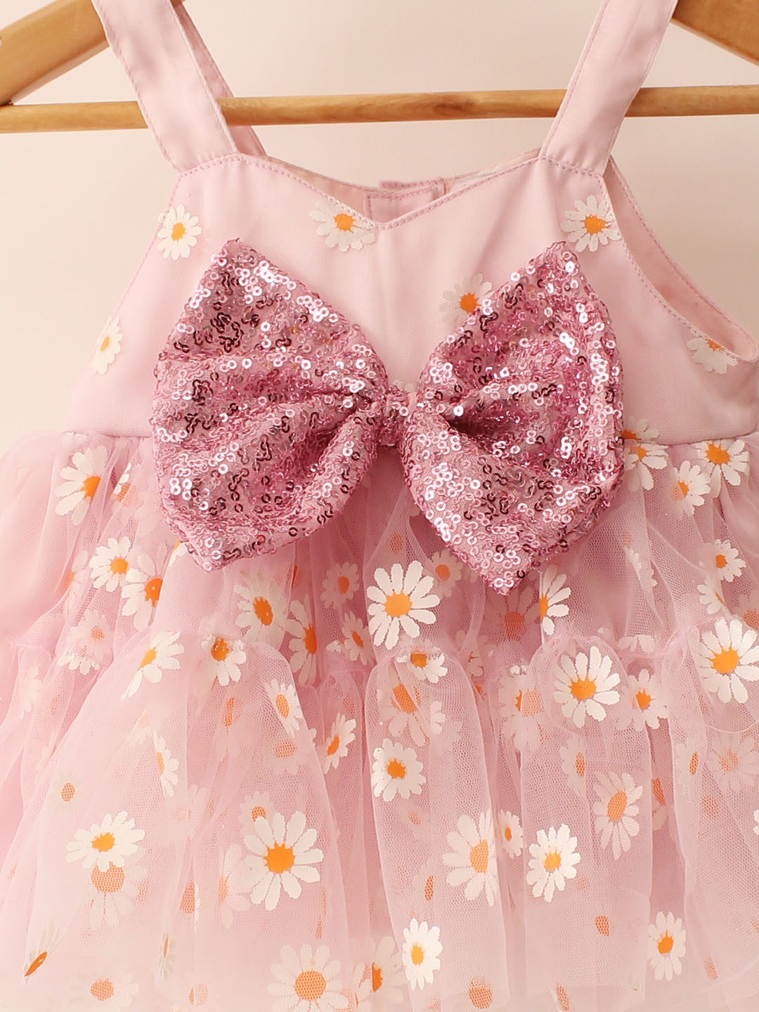 Qvink Bow Applique Pink Party Wear Dress for Kids - Pink