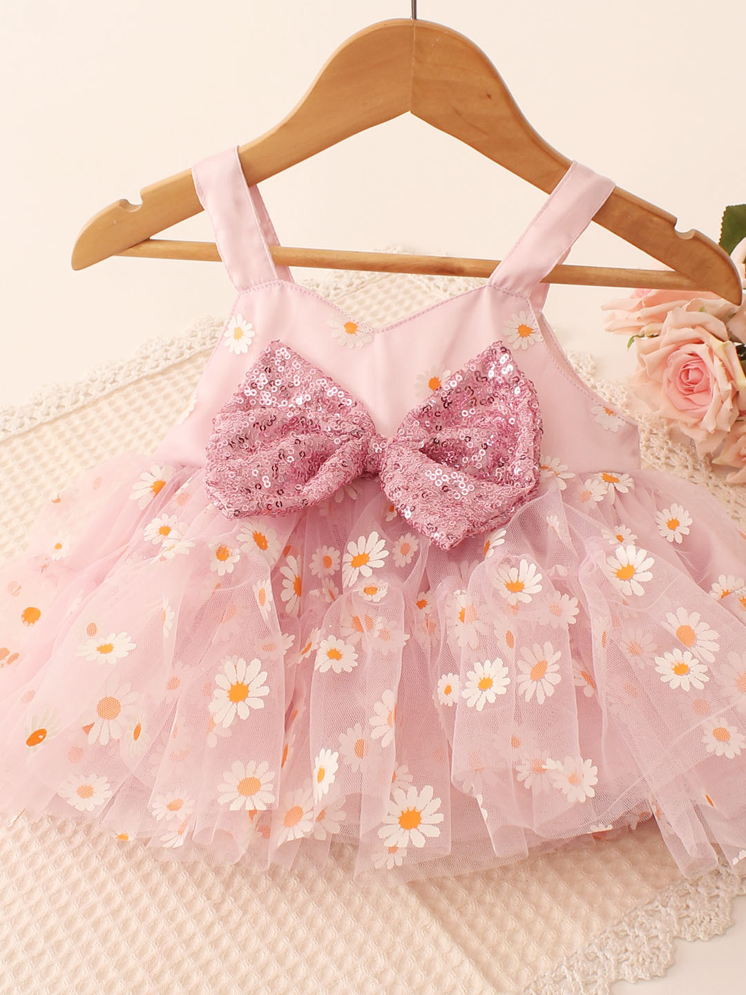 Qvink Bow Applique Pink Party Wear Dress for Kids - Pink
