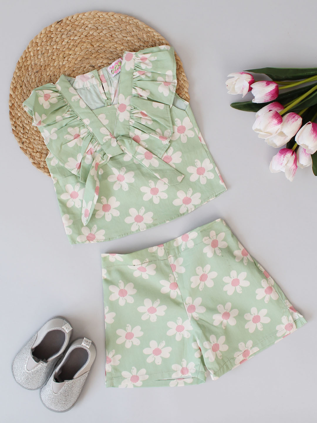 Qvink Frill Sleeves Floral Printed Summer Co Ord Set - Green