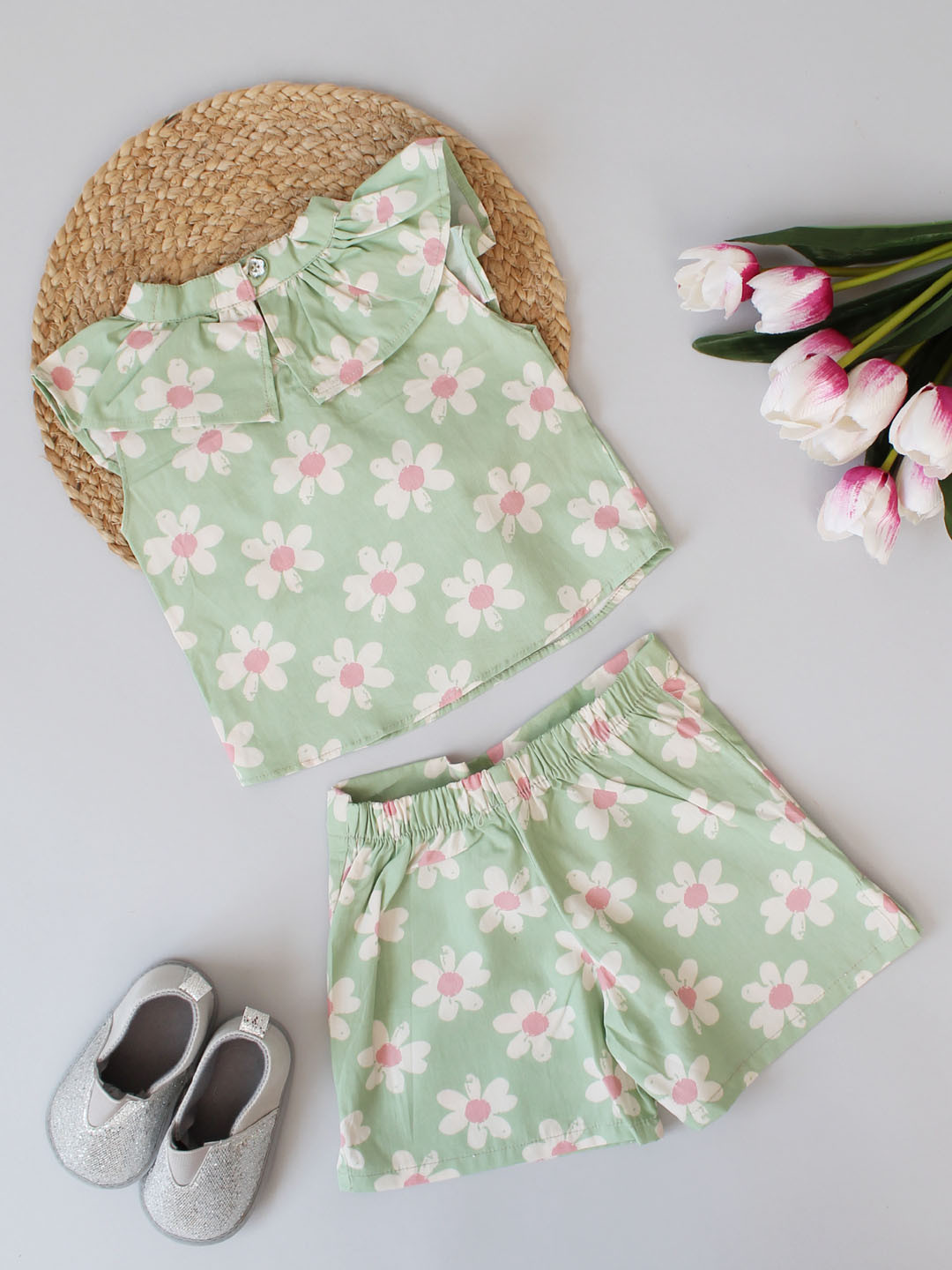 Qvink Frill Sleeves Floral Printed Summer Co Ord Set - Green