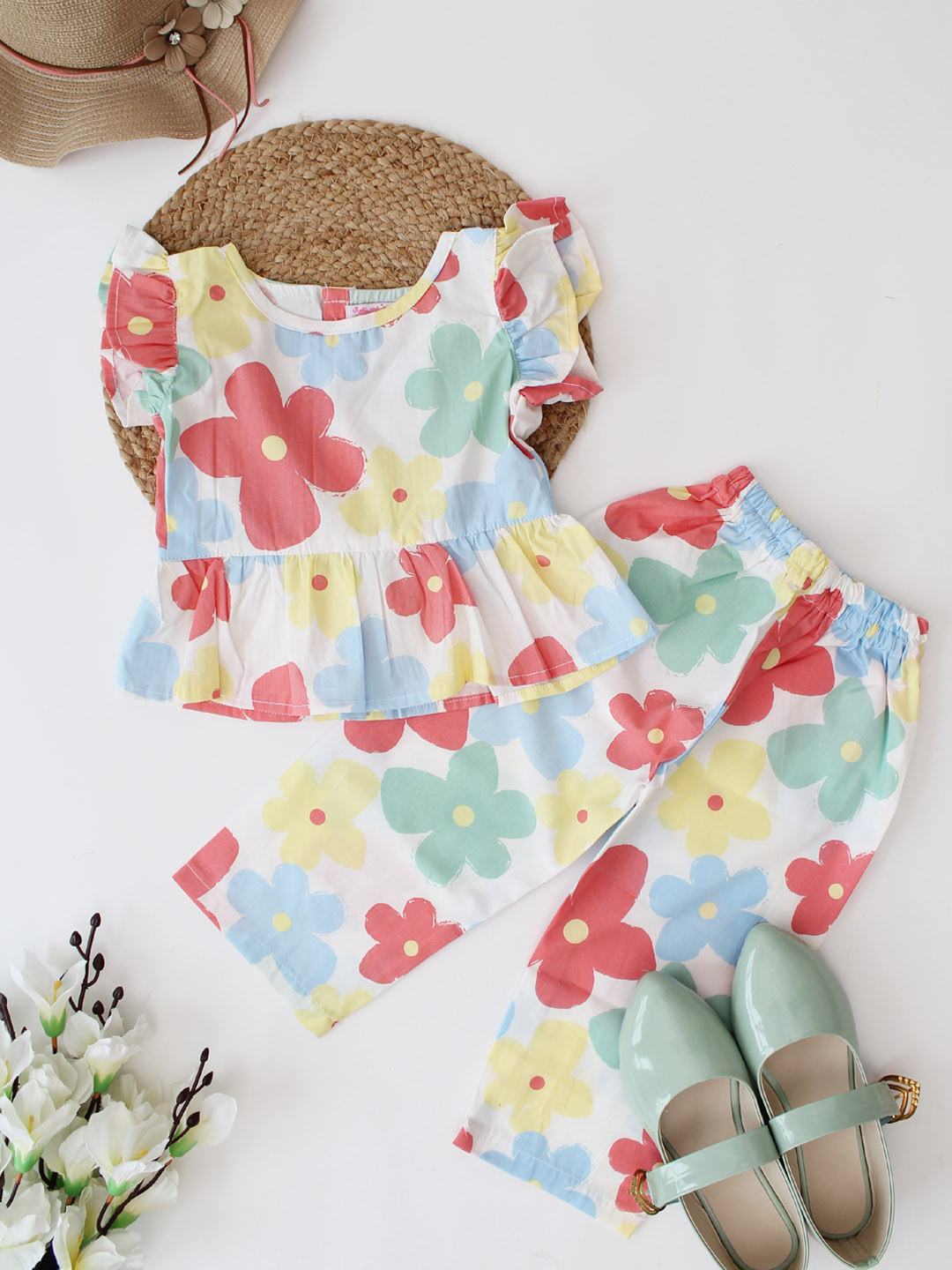 Qvink Frill Sleeves Floral Printed Summer Pant Set - Multi