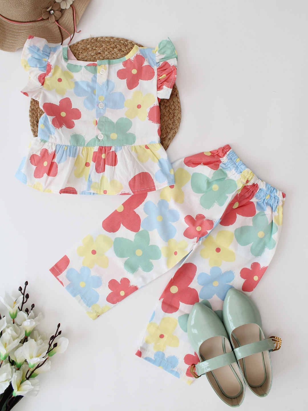 Qvink Frill Sleeves Floral Printed Summer Pant Set - Multi