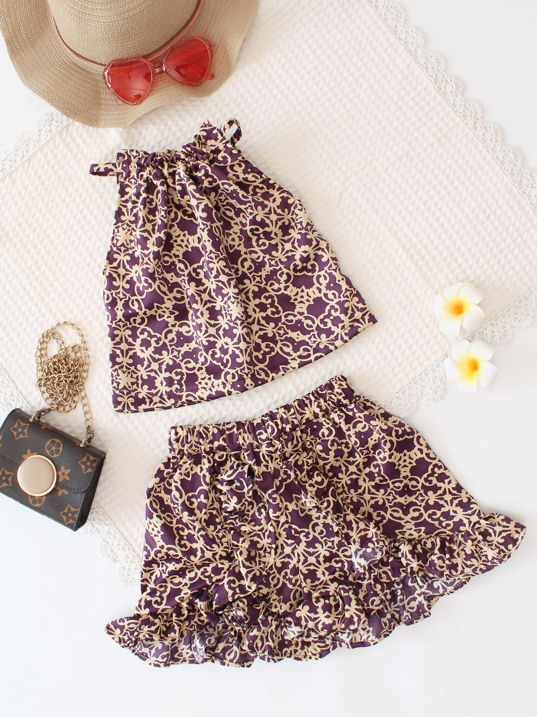 Qvink Girls Summer Co ord Set with Adjustable Neck - Purple