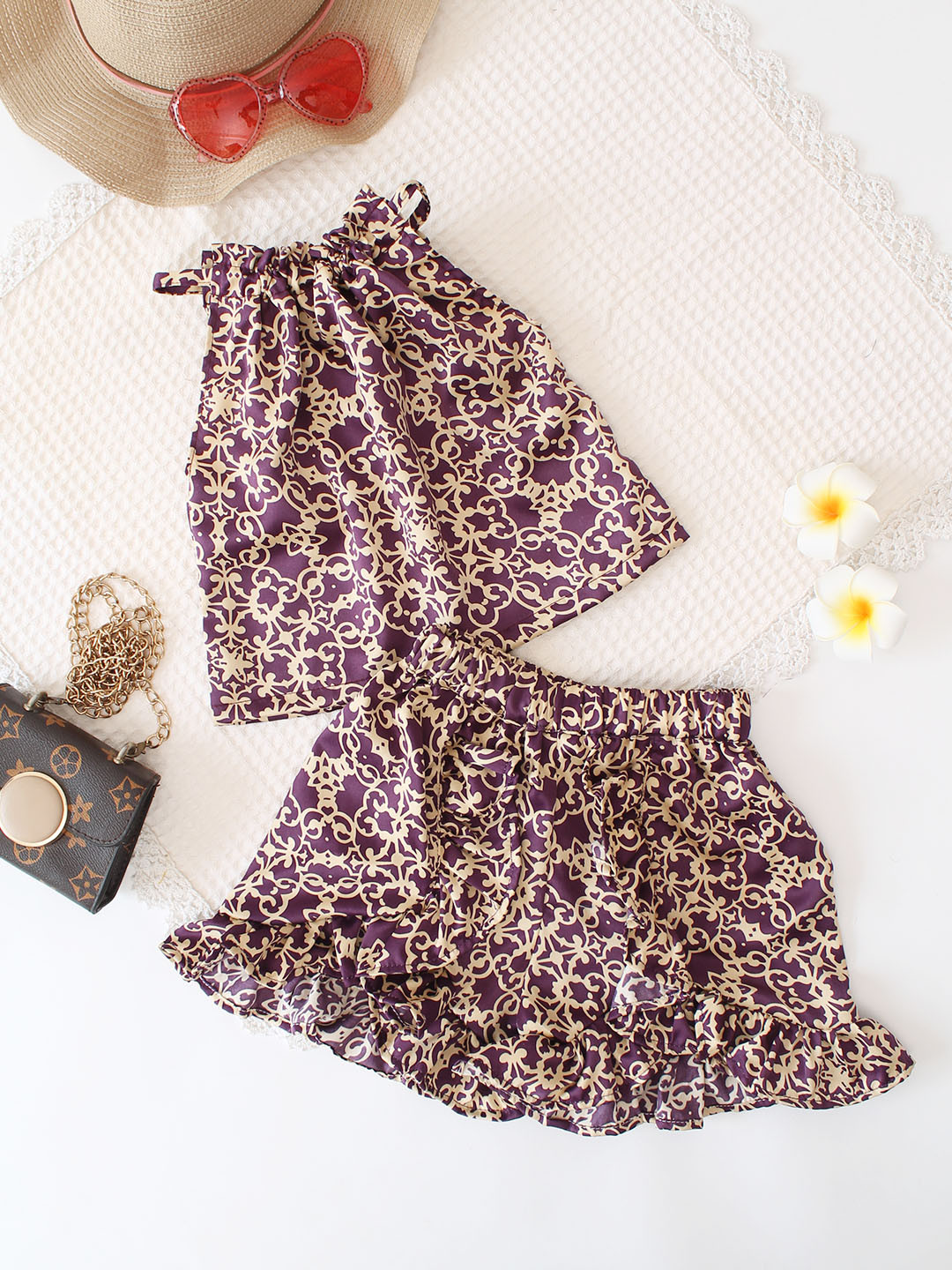 Qvink Girls Summer Co ord Set with Adjustable Neck - Purple