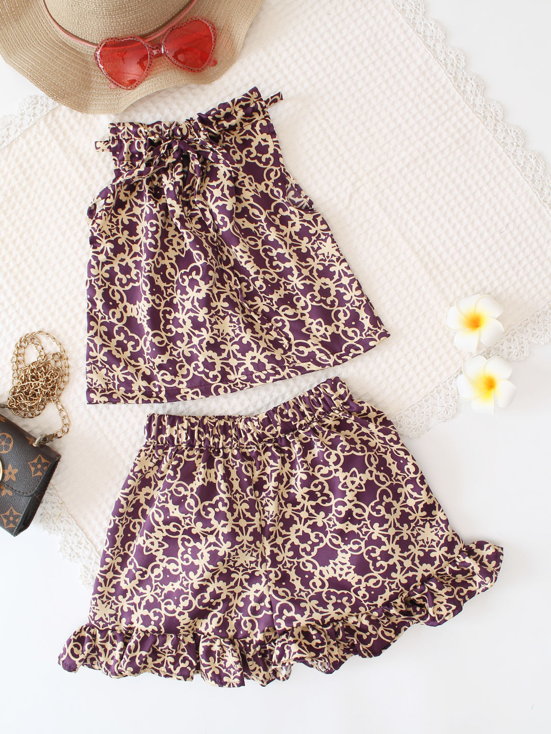 Qvink Girls Summer Co ord Set with Adjustable Neck - Purple