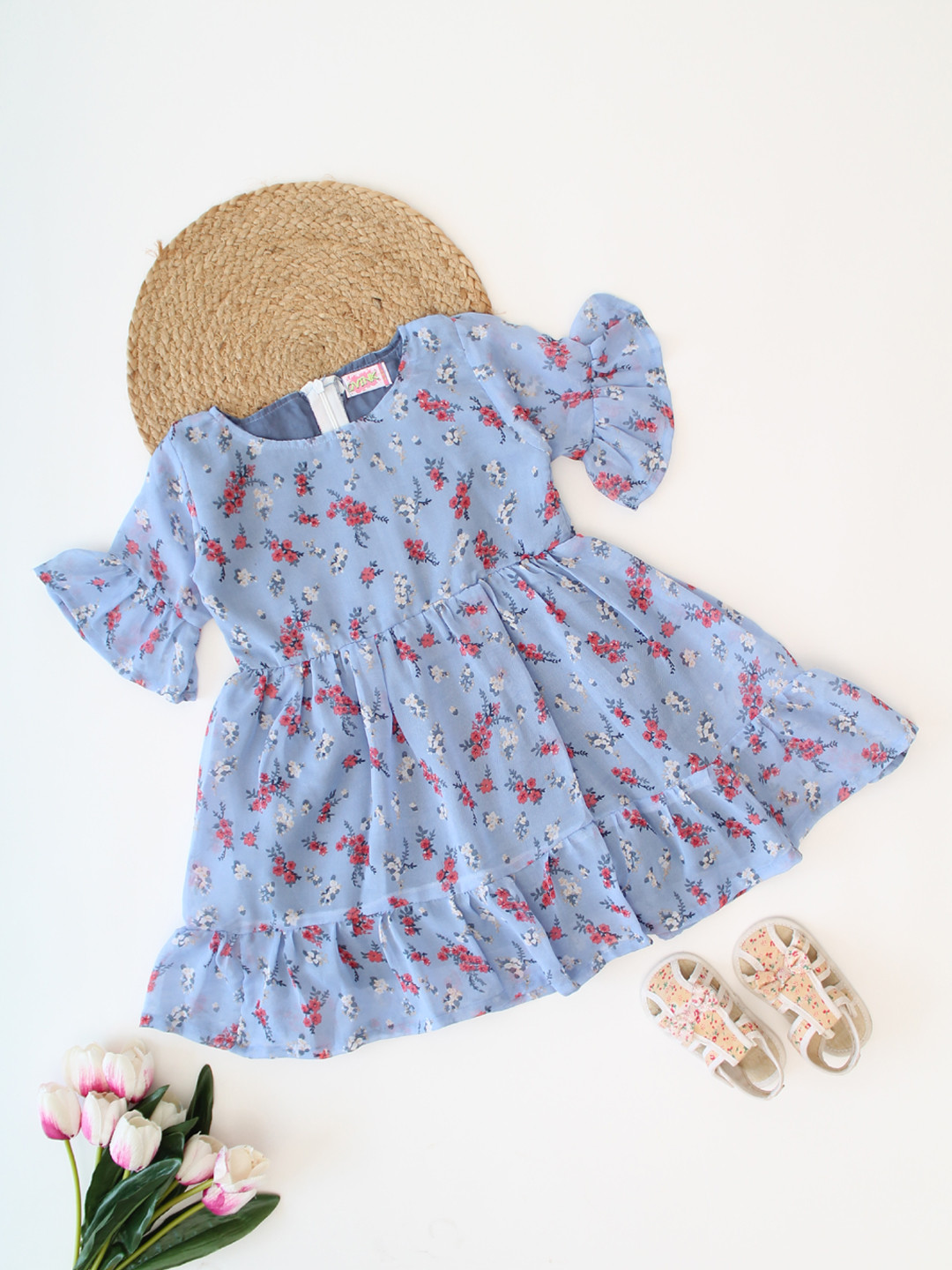 Qvink Half Bell Sleeves Floral Printed Dress - Blue