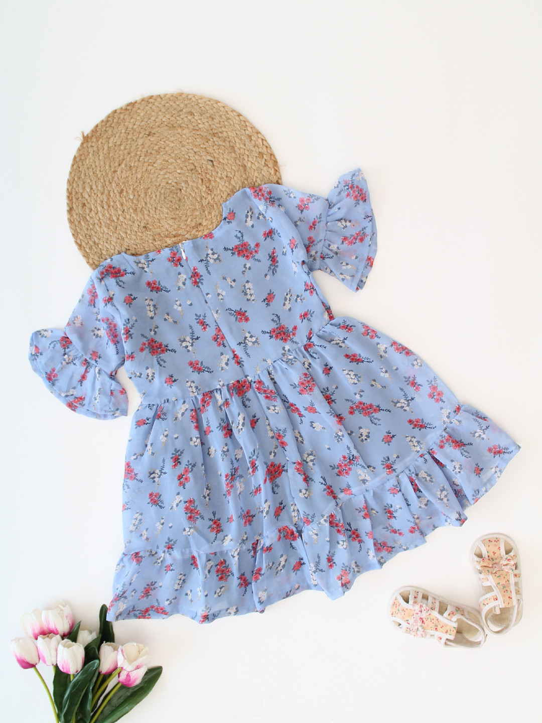 Qvink Half Bell Sleeves Floral Printed Dress - Blue