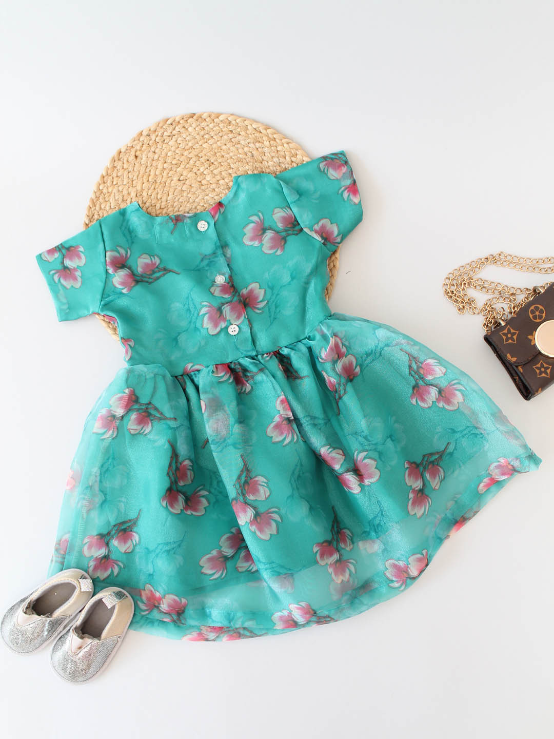 Qvink Half Sleeves Floral Organza Frock - Turquoise Green