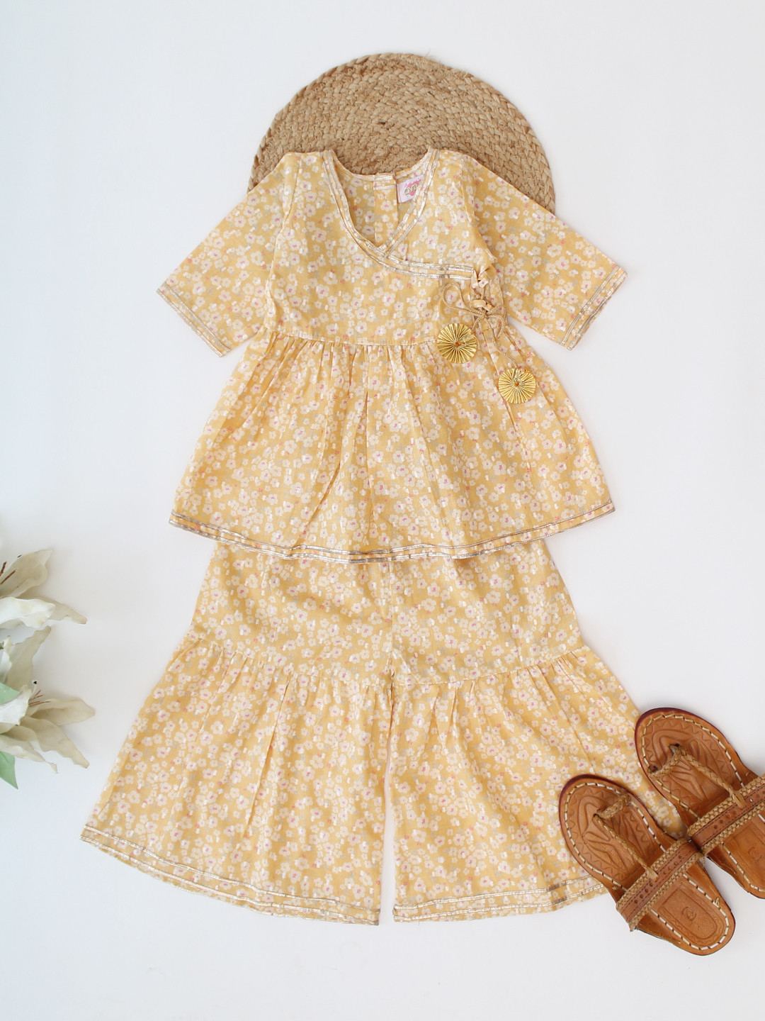 Qvink Half Sleeves Floral Printed Angrakha Yellow Co ord Set