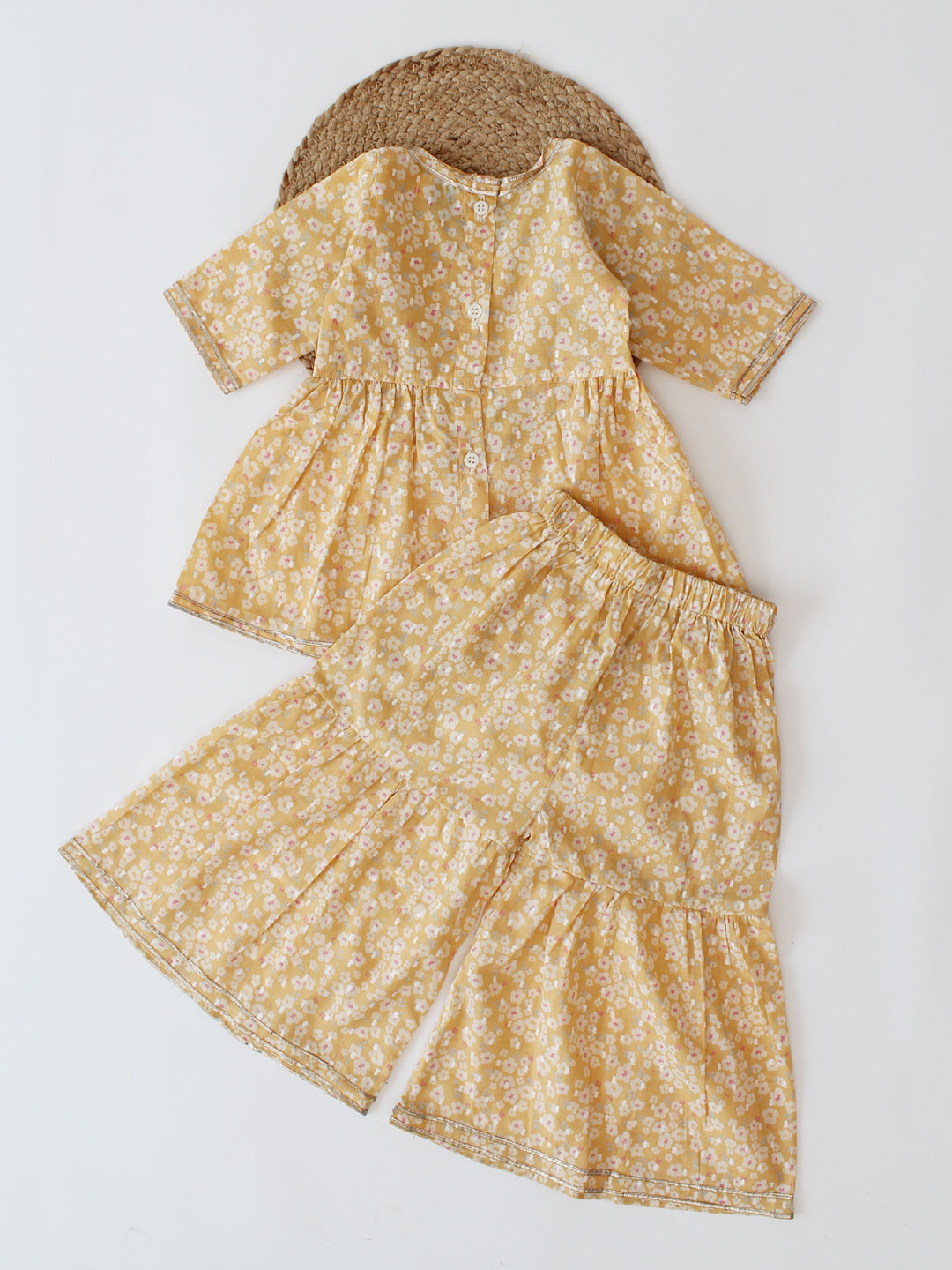 Qvink Half Sleeves Floral Printed Angrakha Yellow Co ord Set