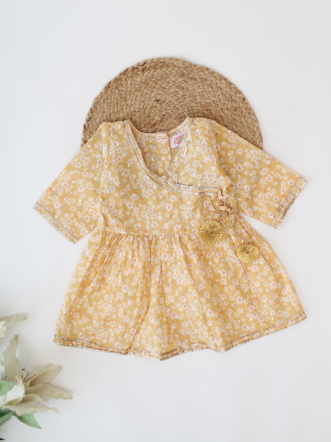 Qvink Half Sleeves Floral Printed Angrakha Yellow Co ord Set
