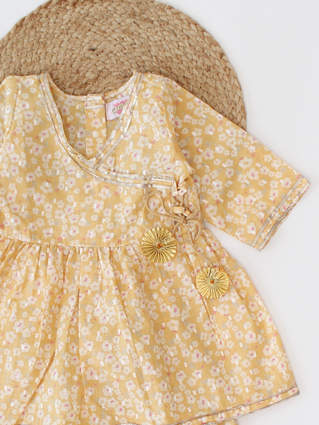 Qvink Half Sleeves Floral Printed Angrakha Yellow Co ord Set