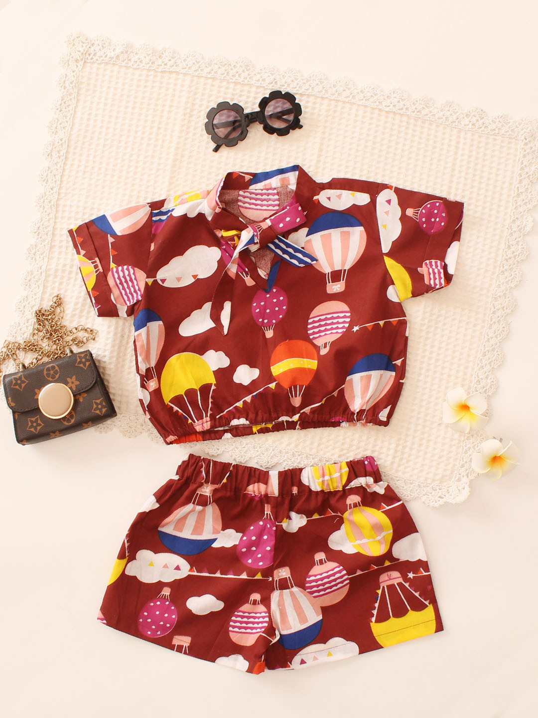 Qvink Half Sleeves Printed Summer Co ords Girls Set - Brown