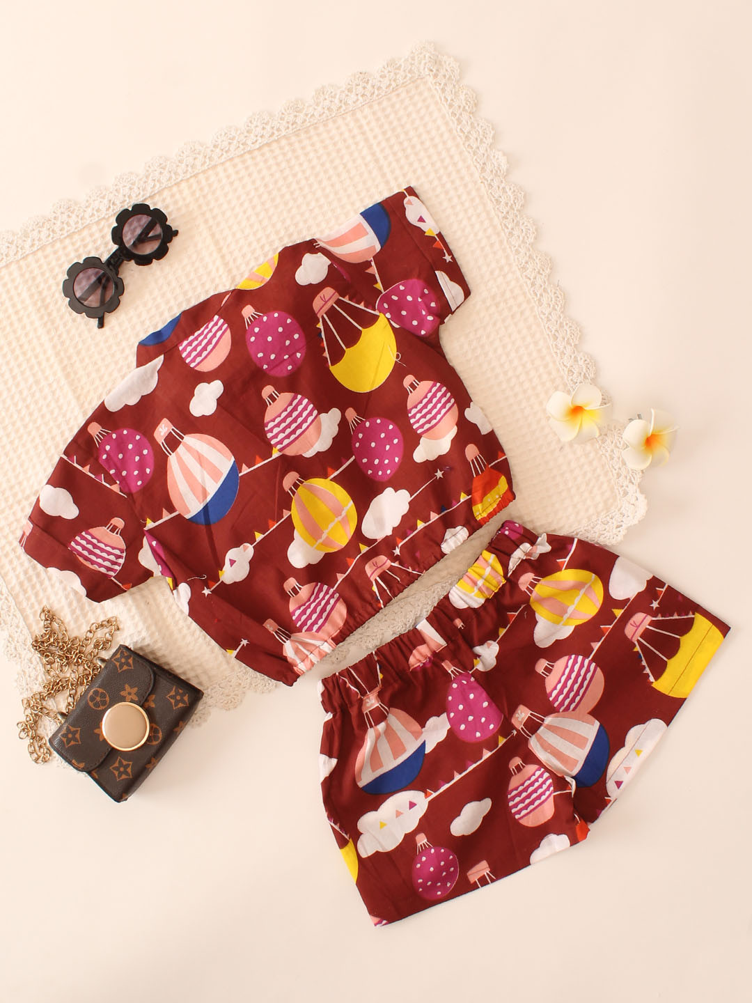 Qvink Half Sleeves Printed Summer Co ords Girls Set - Brown