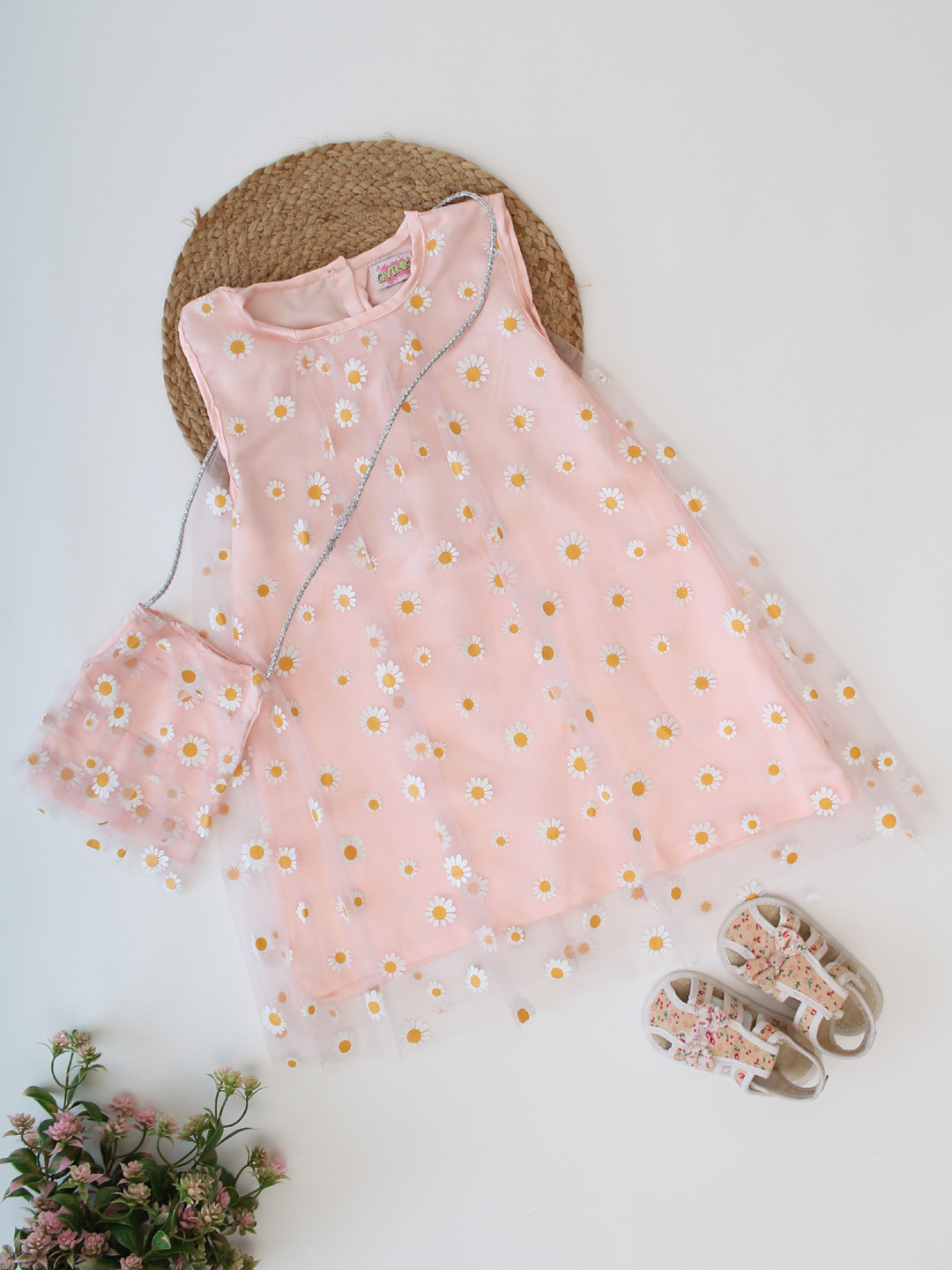 Qvink Sleeveless Daisy Printed Dress With Matching Bag-Peach