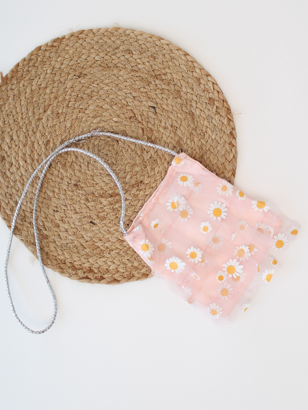Qvink Sleeveless Daisy Printed Dress With Matching Bag-Peach