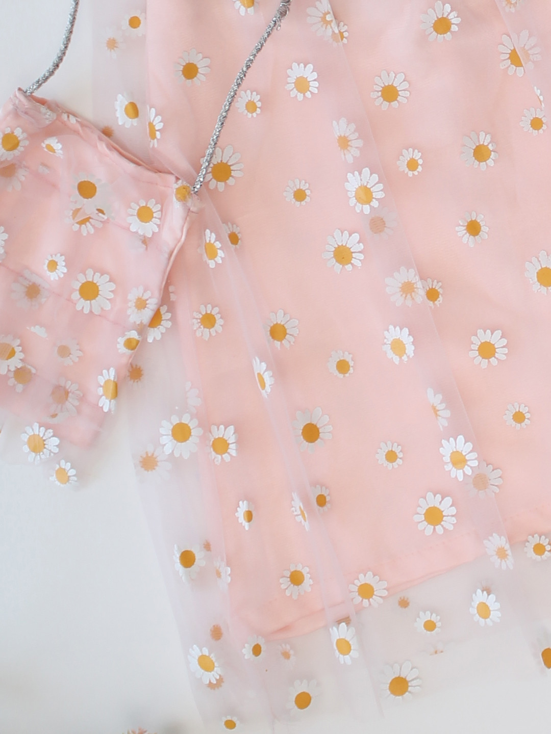 Qvink Sleeveless Daisy Printed Dress With Matching Bag-Peach