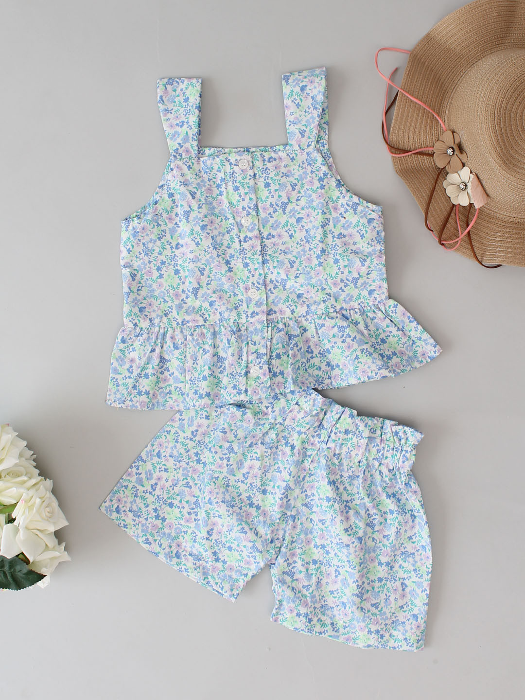 Qvink Sleeveless Floral Printed Shorts Set and Co ords-Sky Blue