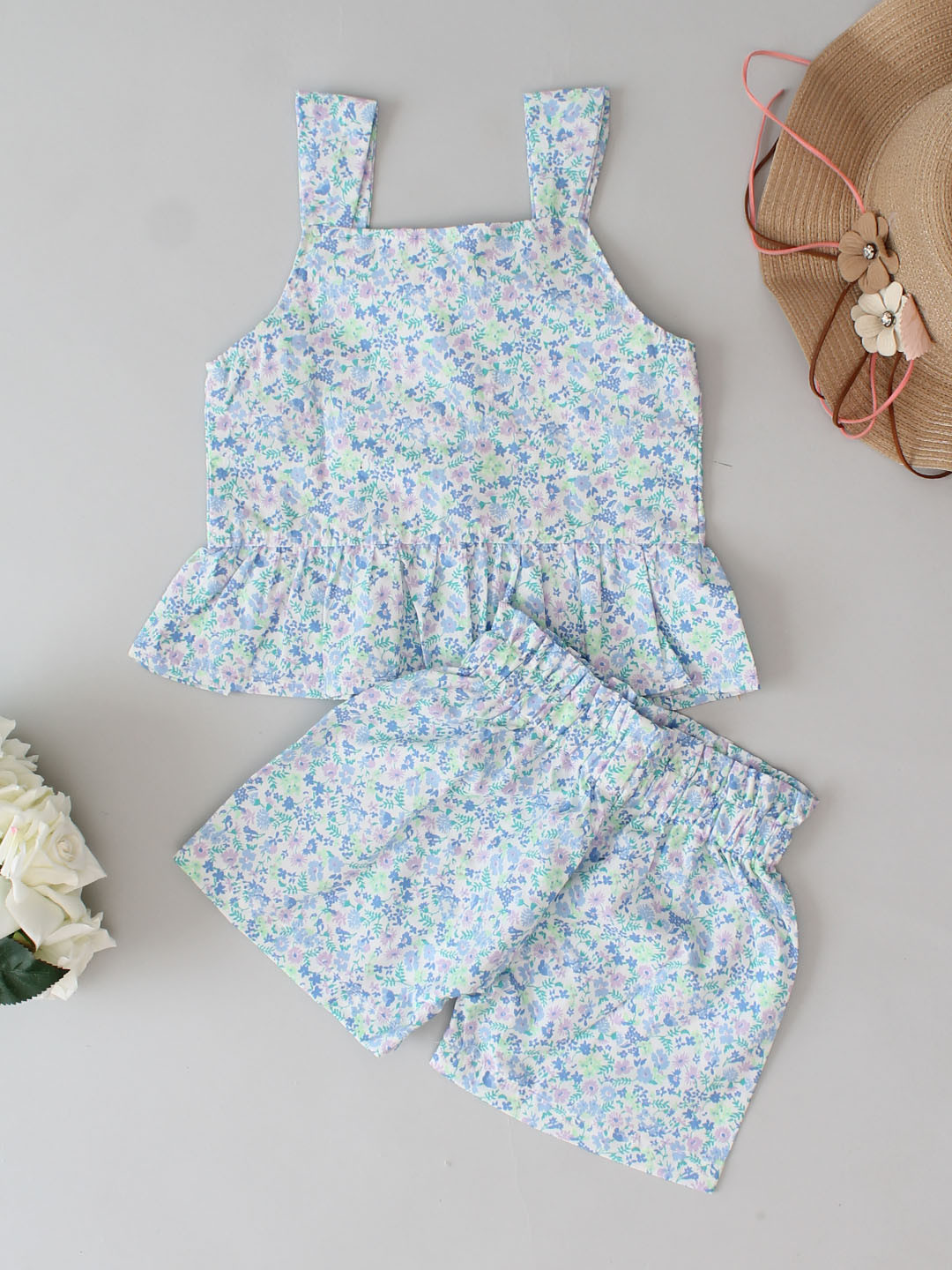 Qvink Sleeveless Floral Printed Shorts Set and Co ords-Sky Blue