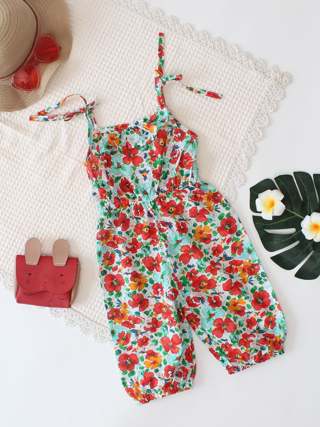 Qvink Sleeveless Floral Printed Shoulder Tie-up Jumpsuit - Red