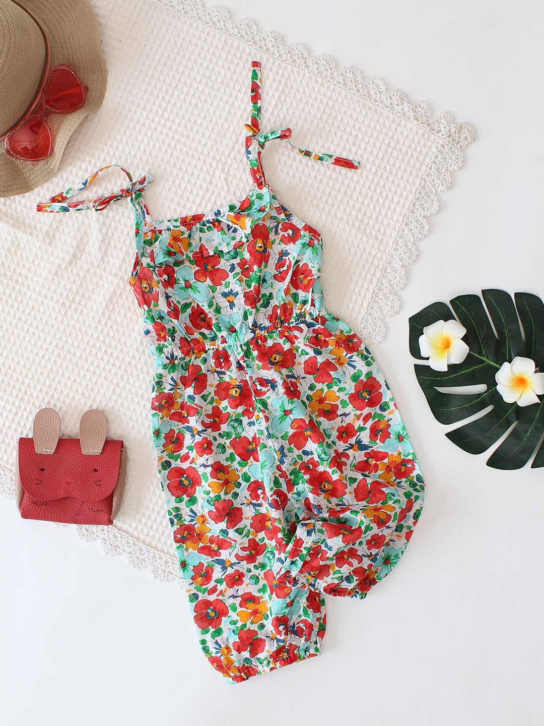 Qvink Sleeveless Floral Printed Shoulder Tie-up Jumpsuit - Red
