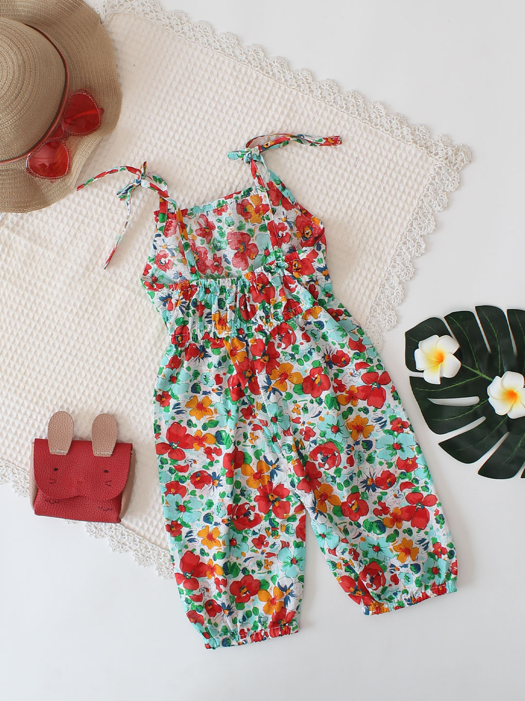 Qvink Sleeveless Floral Printed Shoulder Tie-up Jumpsuit - Red