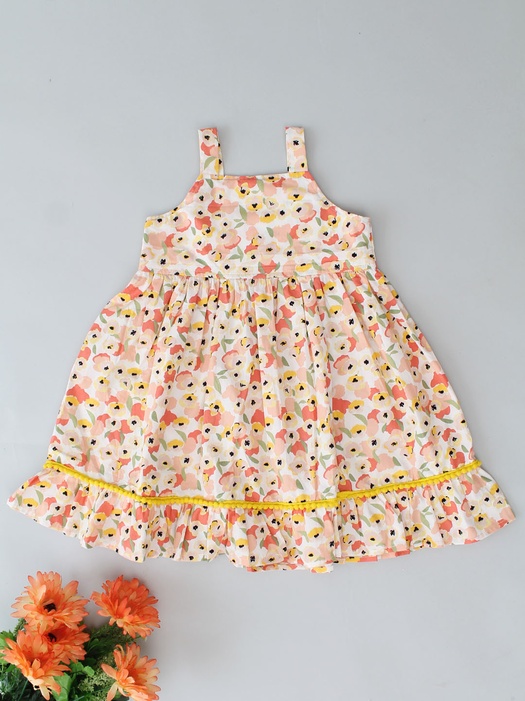 Qvink Sleeveless Floral Printed Summer Dress for Girls - Orange
