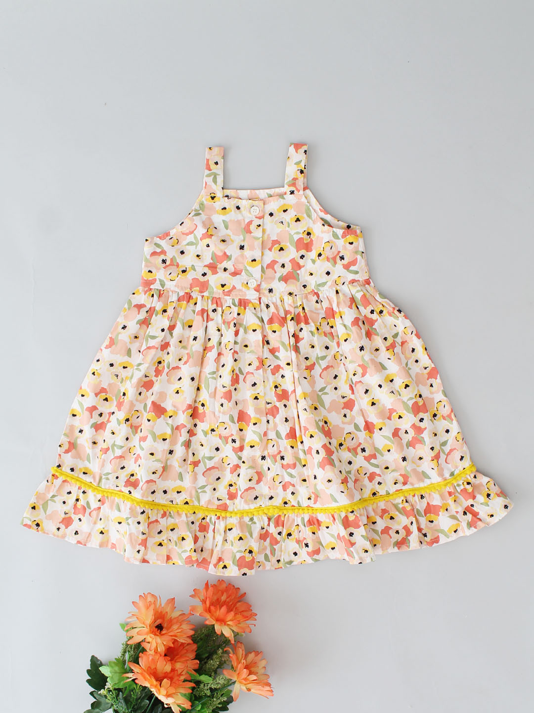 Qvink Sleeveless Floral Printed Summer Dress for Girls - Orange