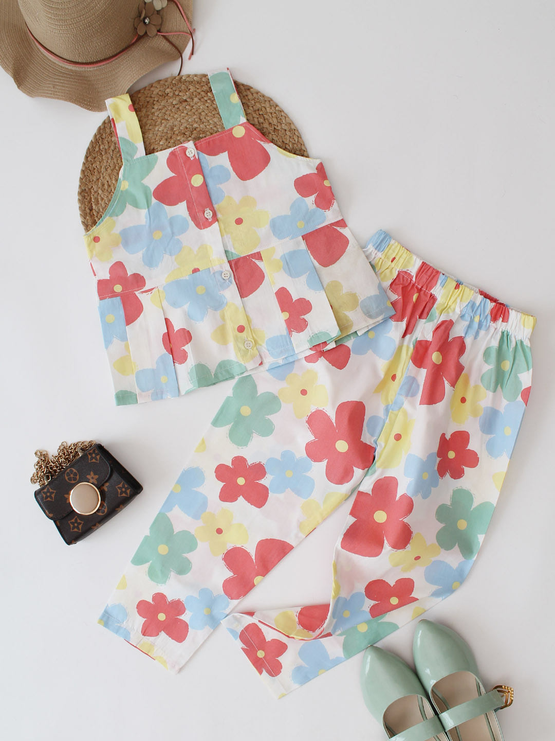 Qvink Sleeveless Girls Floral Printed Pant Co ord Set - Multi