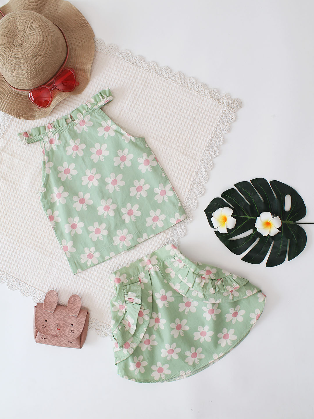 Qvink Sleeveless Leaf Printed Skirt Summer Co ord Set - Green