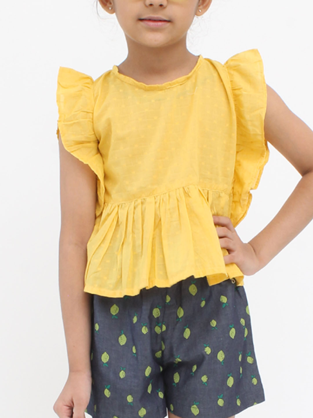 Qvink Sleeveless Self Printed Cotton Co ord Set - Yellow
