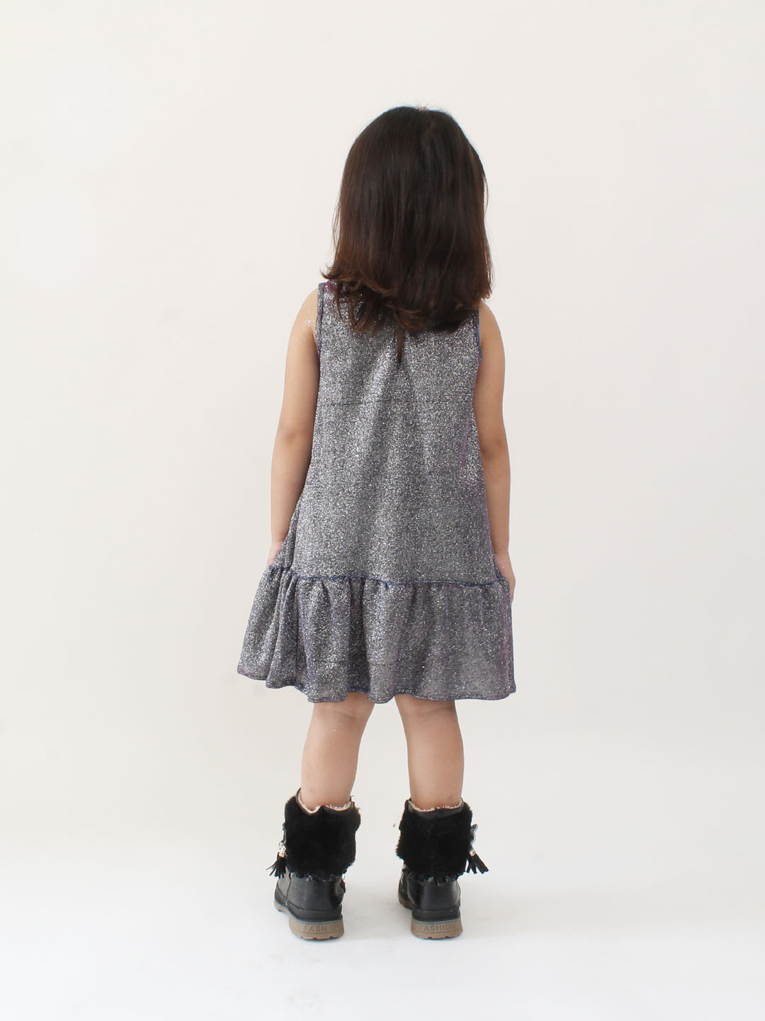 Qvink Sleeveless Shimmery One Piece Dress Party Wear - Black