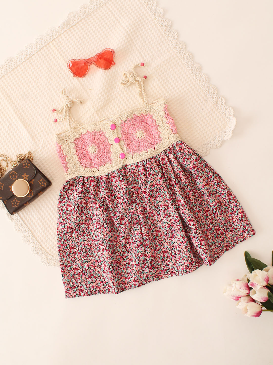 Qvink Sleeveless Summer Crochet Detail Floral Dress - Pink