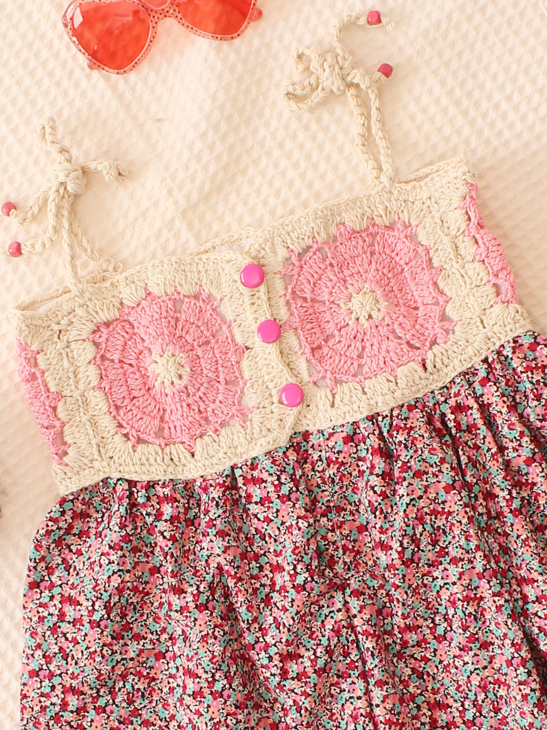 Qvink Sleeveless Summer Crochet Detail Floral Dress - Pink
