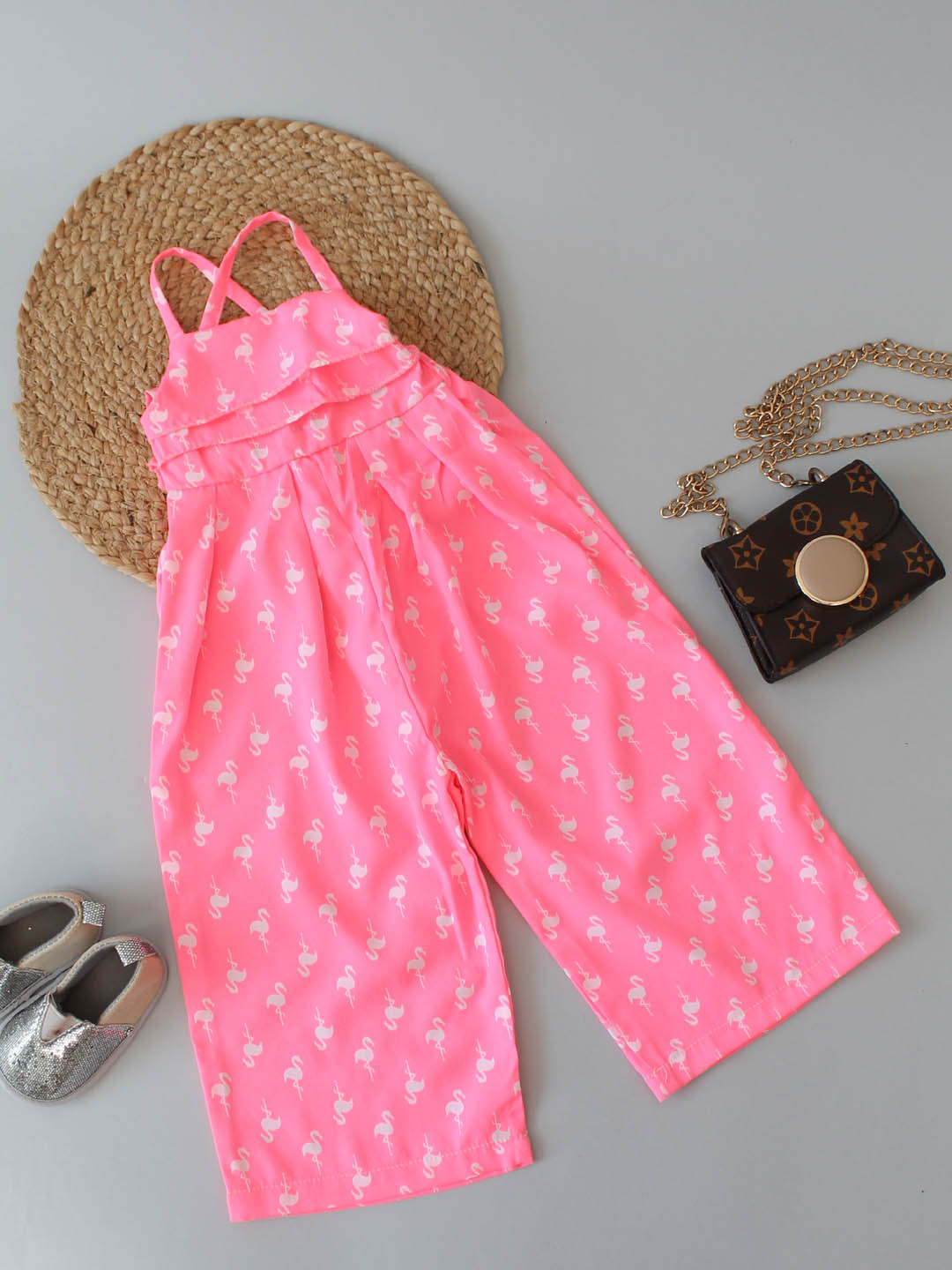 Qvink Sleeveless Swan Printed Frill Detail Summer Dress - Pink