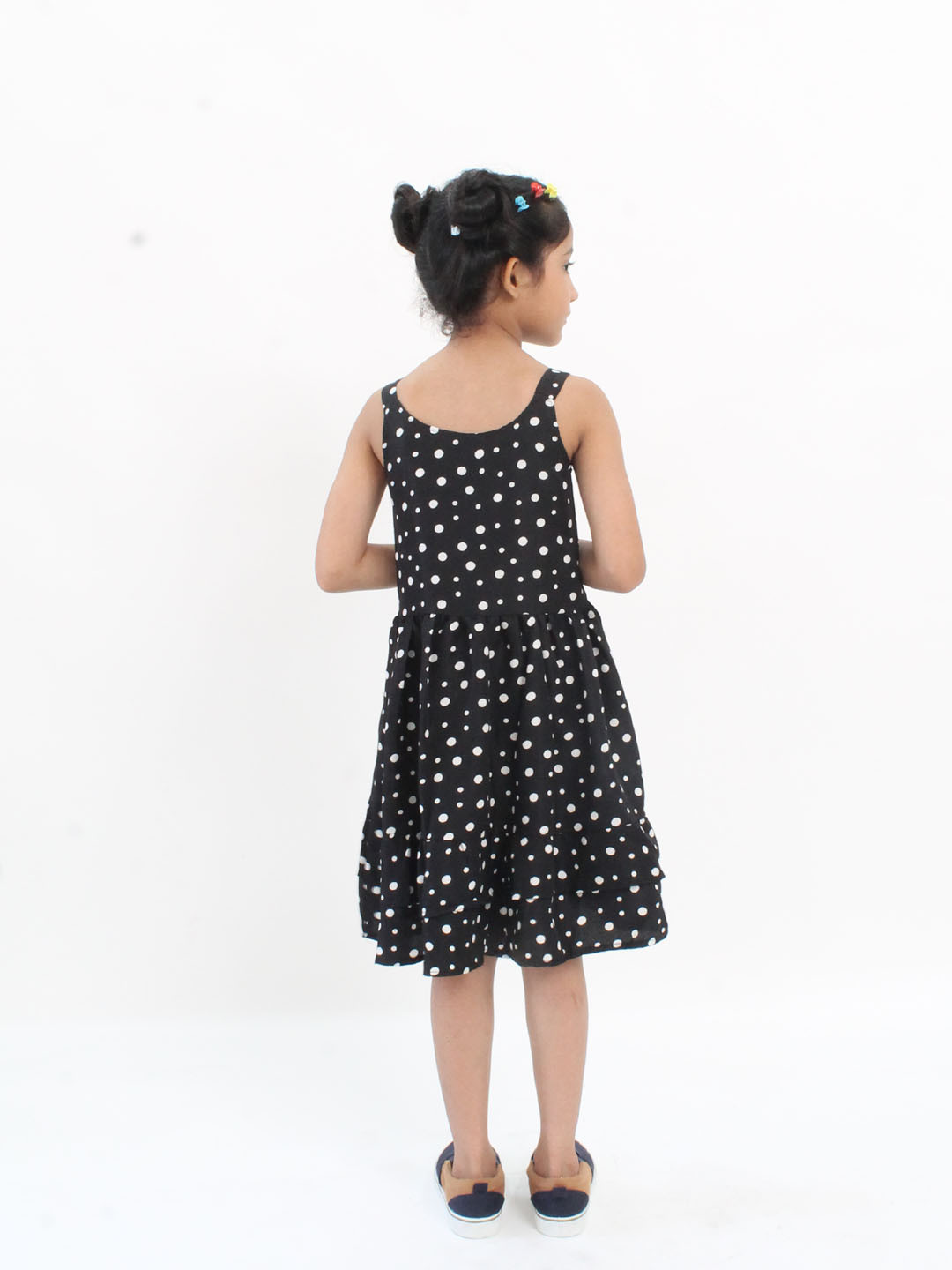 Qvink Strapy Sleeveless Polka Dot Printed Crepe Dress- Black