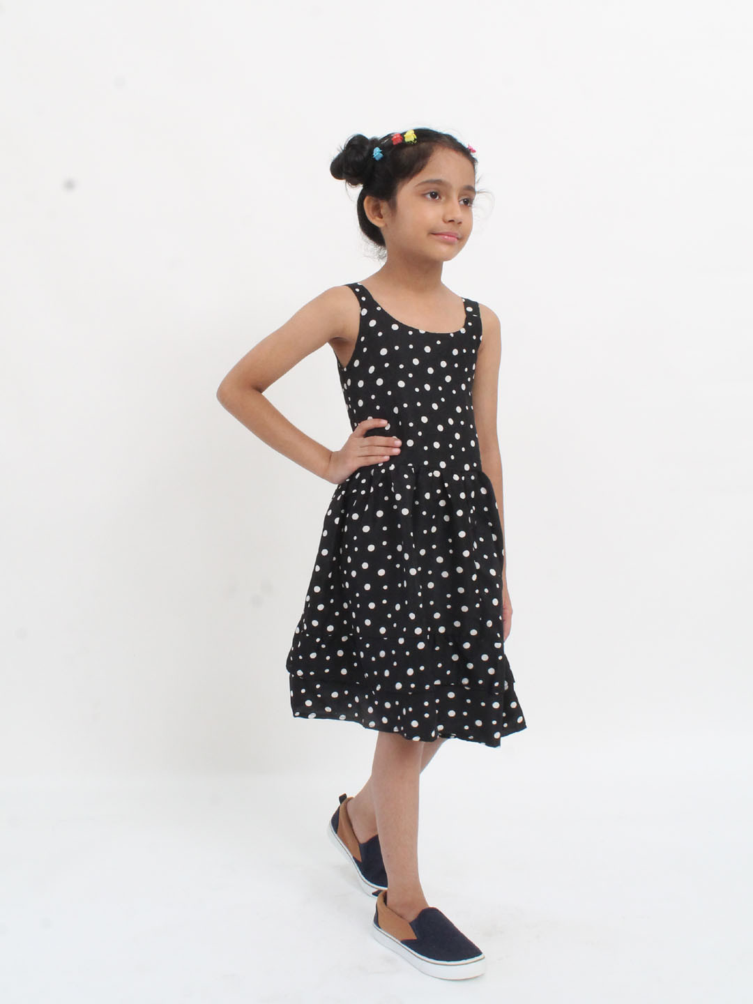 Qvink Strapy Sleeveless Polka Dot Printed Crepe Dress- Black