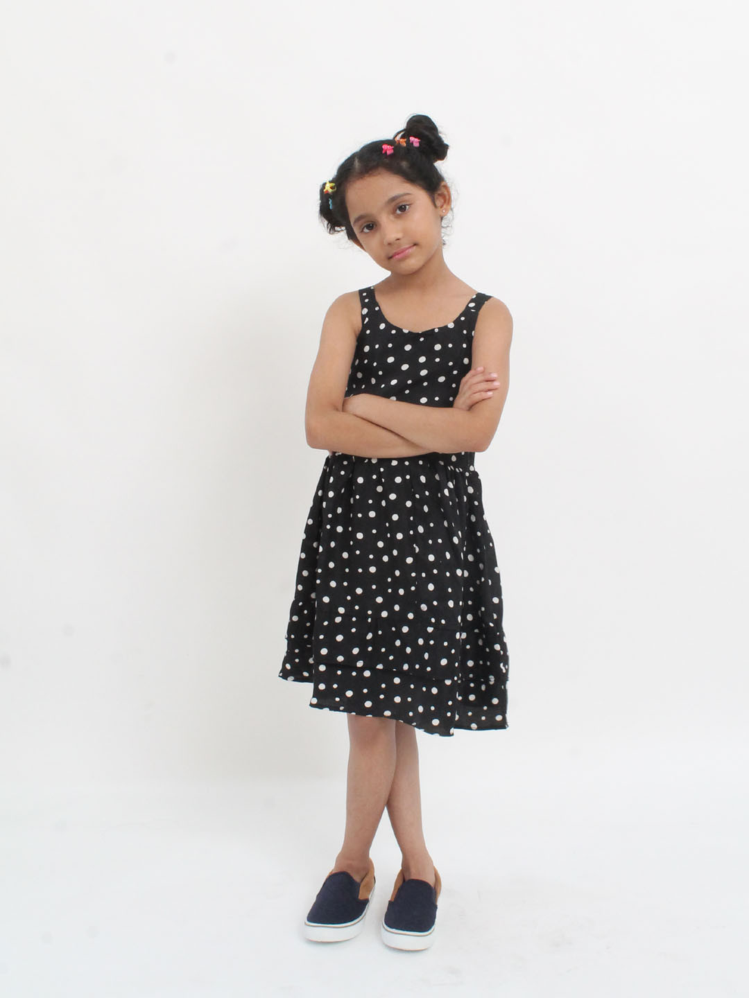 Qvink Strapy Sleeveless Polka Dot Printed Crepe Dress- Black
