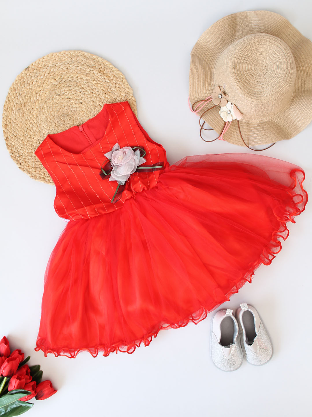 Qvink Striped & Corsage Embellished Girls Party Dresses - Red