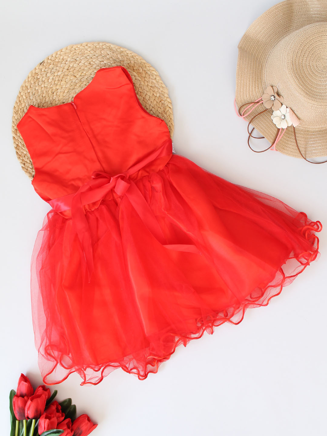 Qvink Striped & Corsage Embellished Girls Party Dresses - Red