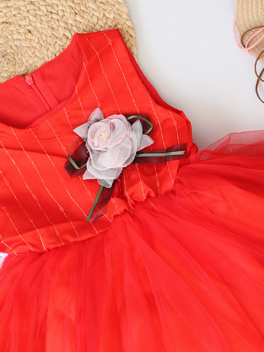 Qvink Striped & Corsage Embellished Girls Party Dresses - Red