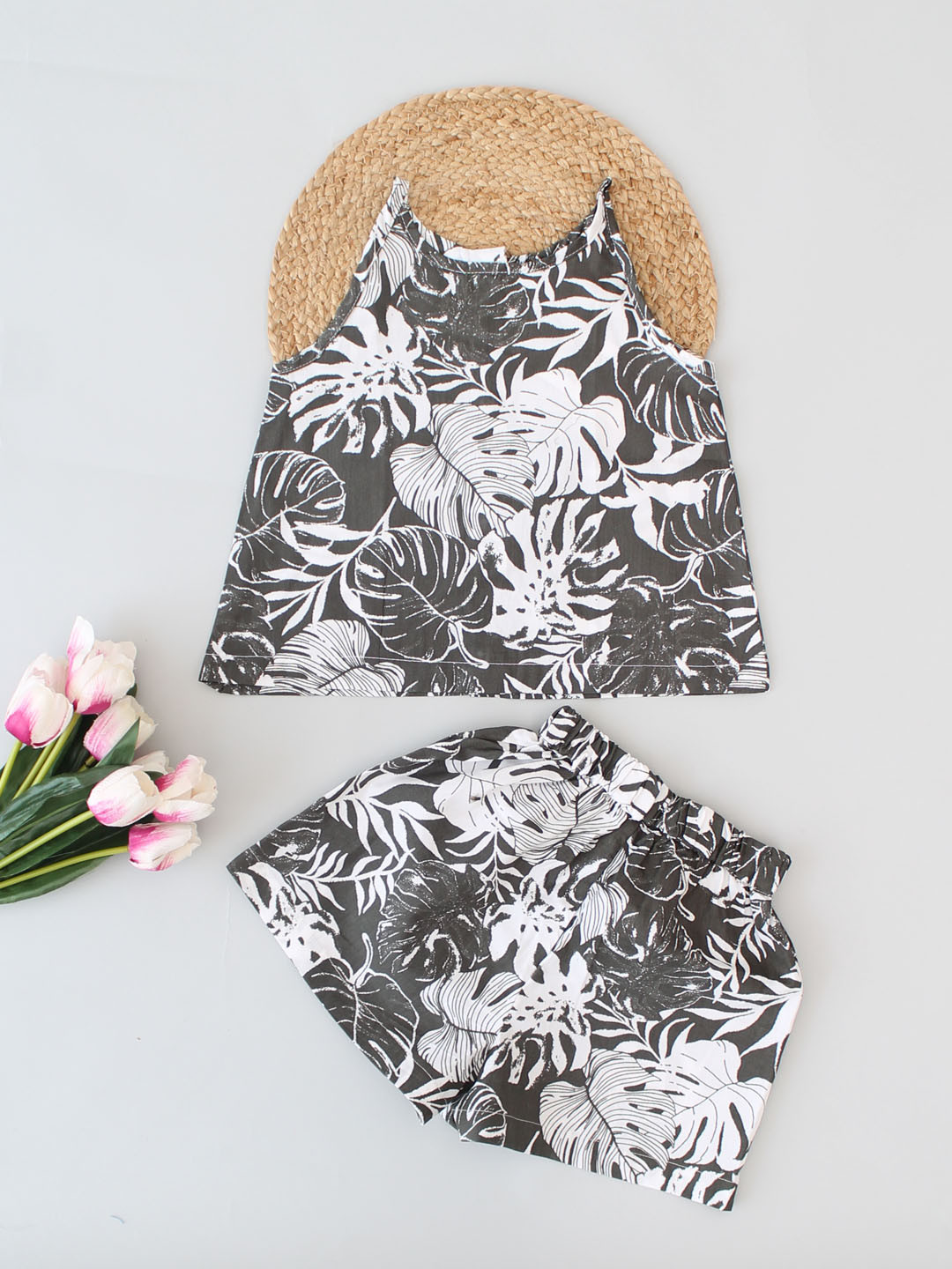 Qvink Summer Sleeveless Forest Theme Shorts Co ord Set-Grey